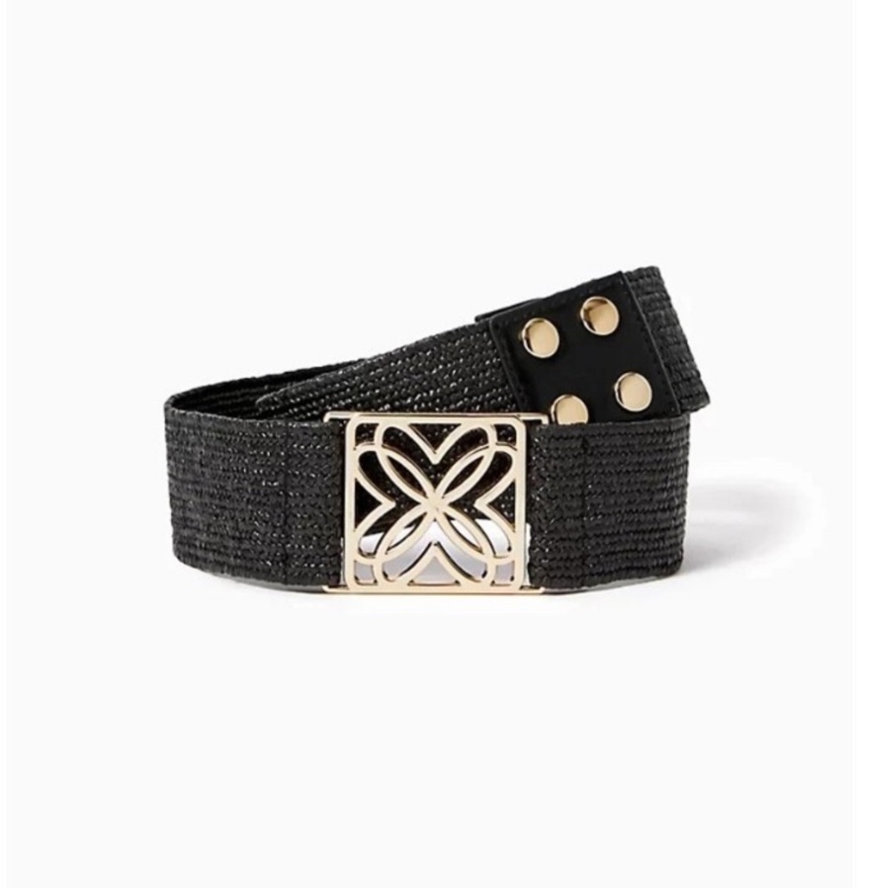 NEW Lilly Pulitzer Arta Raffia Belt Black and Gold Buckle L/ XL